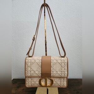 Christian Dior Raffia Calfskin 30 Montaigne Flap Bag Beige